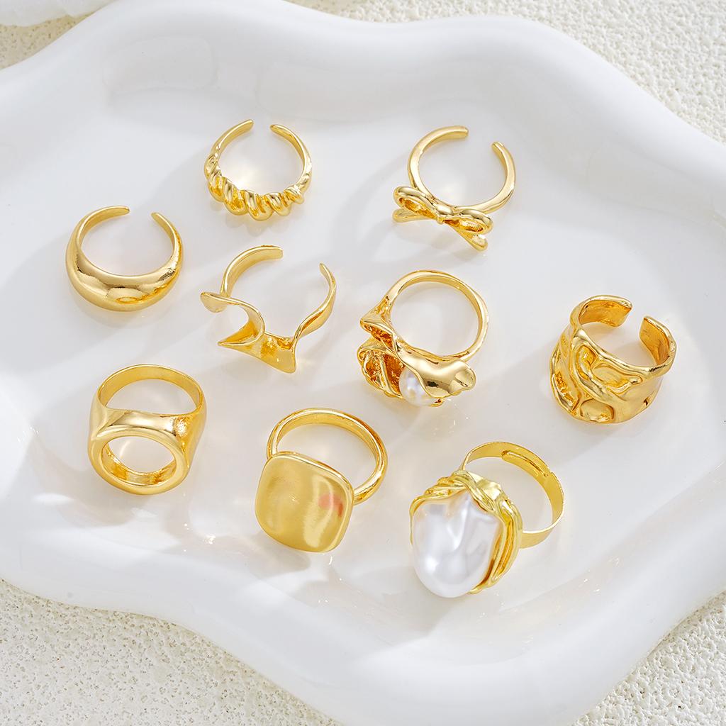 9pcs Fashion Gold Color Bowknot Pearl Geometric Open Rings Set for Women Exaggerated Irregular Adjustable Ring New Jewelry Gift