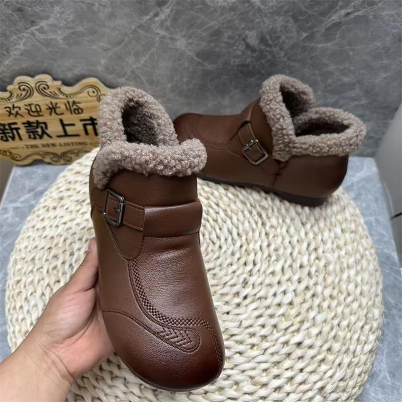 

короткие ботинки на подошве из говяжьих сухожилий зимние для среднего и пожилого возраста новые нескользящие бархатные теплые кожаные туфли с мягкой подошвой ретро-туфли для мам на плоской подошве из хлопка 40