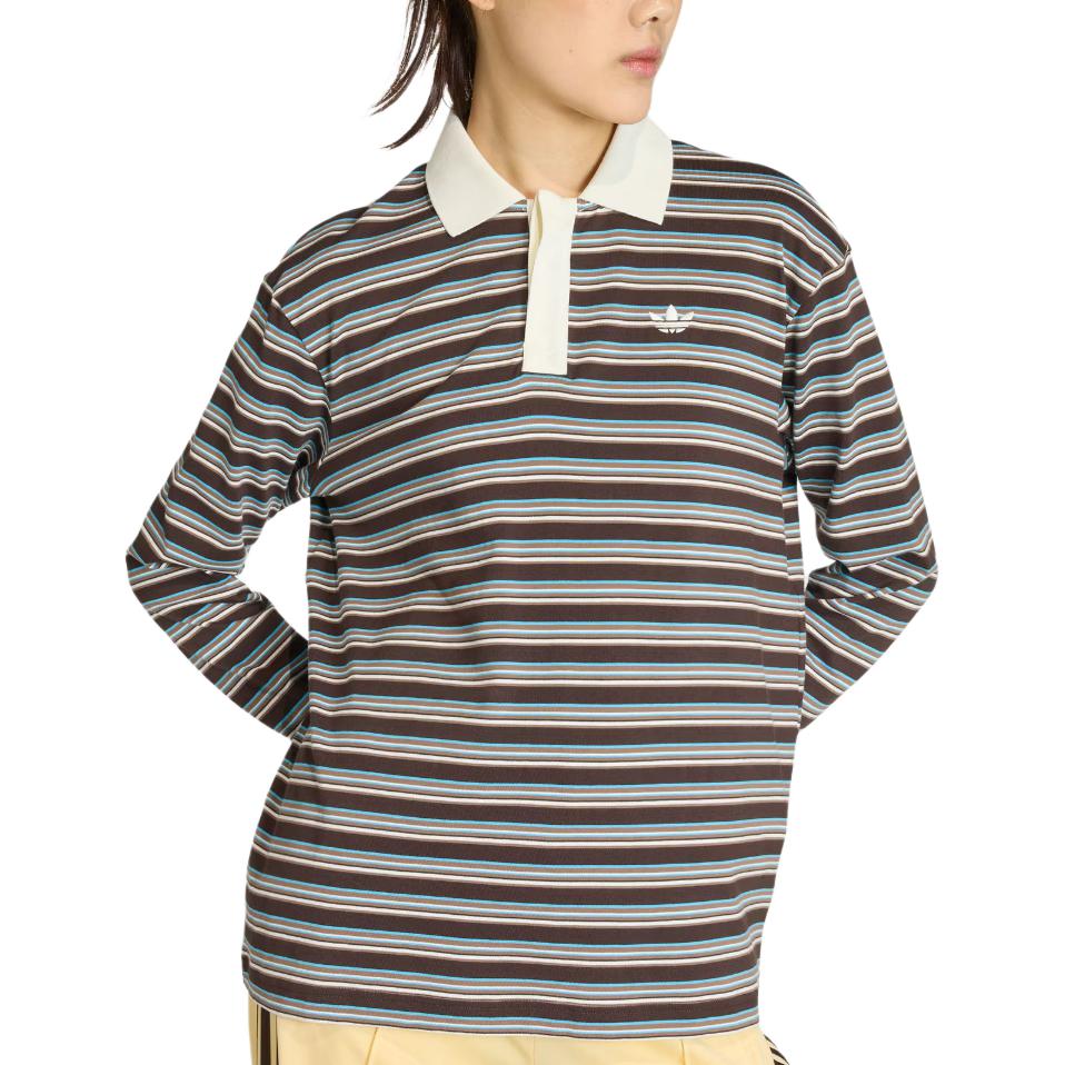 adidas Originals Women's Striped Long Sleeve Polo Shirt Brown Blue KU8352