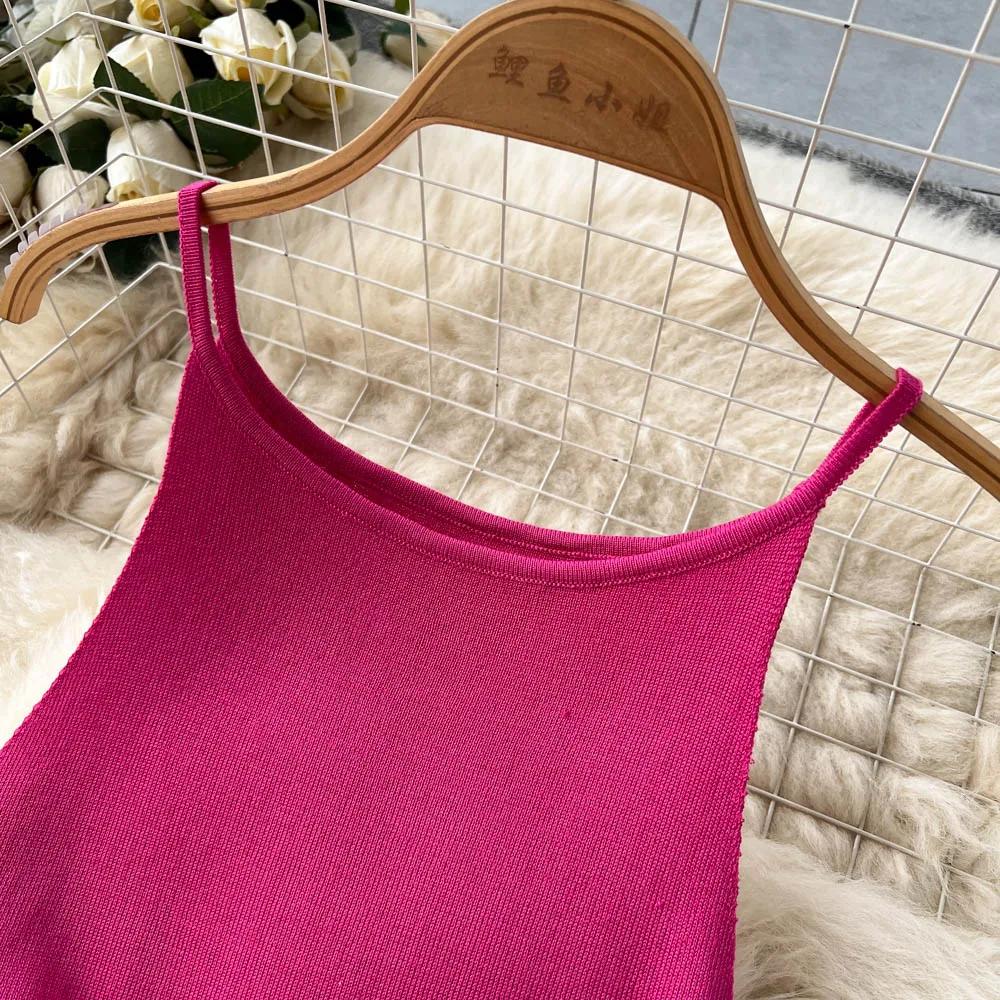 Summer Knit Sexy Strap Dress Women Elatic Waist Bodycon Sundress Female Beach Split Backless Long Dress