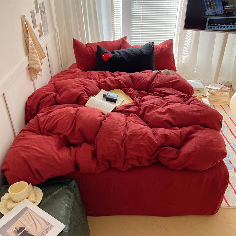 Solid INS Style Bedding Set For Adults Kids Pink Cotton Fitted Flat Sheet With Pillowcases Colorful King Queen Full Size