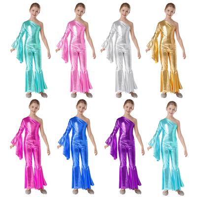 Combinaison de danse métallique brillante pour filles, asymétrique épaule dénudée, manches évasées, Costume de spectacle de fête à thème de carnaval