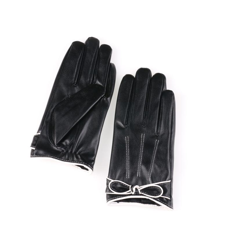 Autumn and Winter Warm Gloves Outdoor Driving and Riding Cute Bows Winter Plus Velvet Thickened PU Leather Touch Screen Gloves