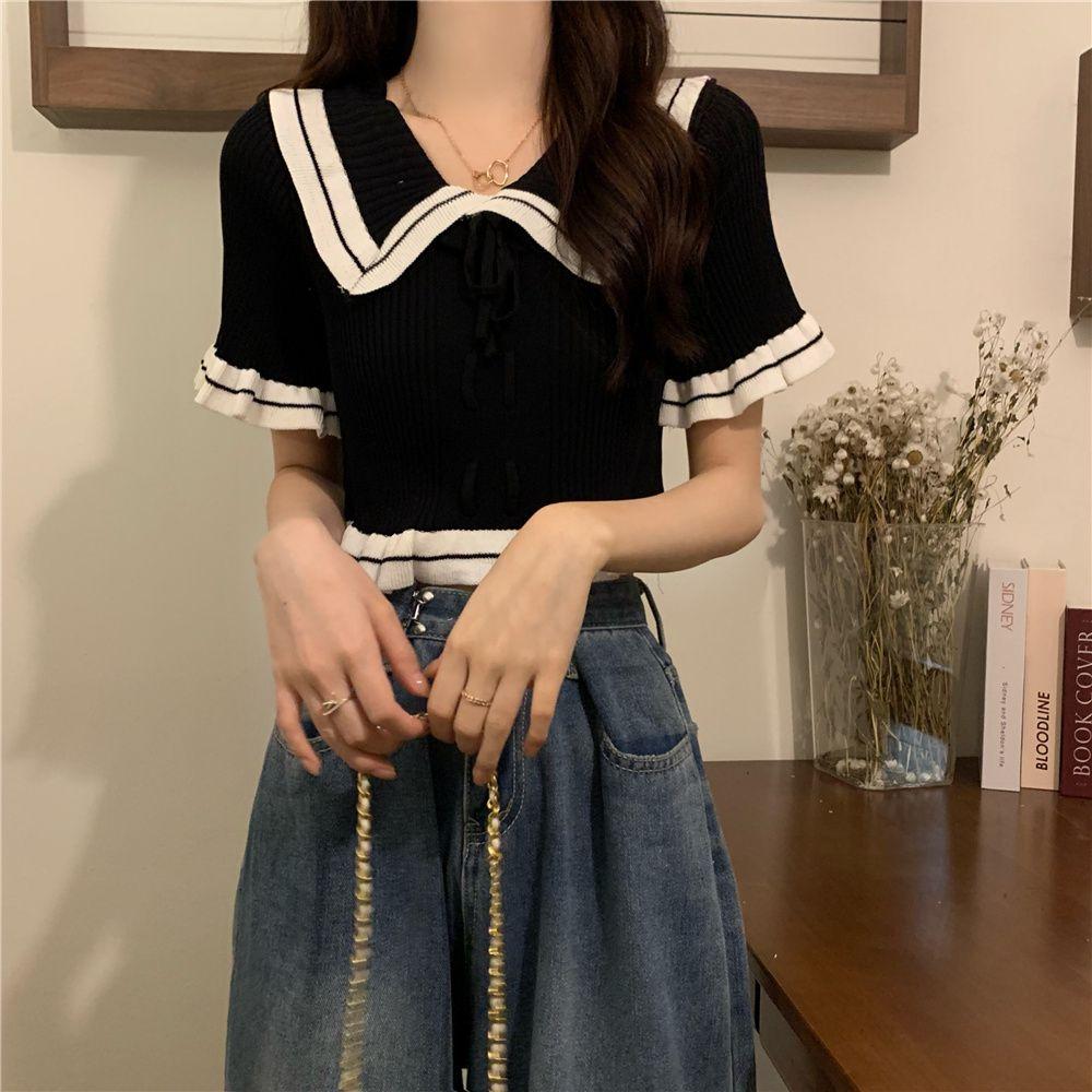 

Design Sense Niche Ruffle Edge Doll Neck Knitted Shirt Short Sleeved Shirt Women s Summer Unique French Chic Short Top S