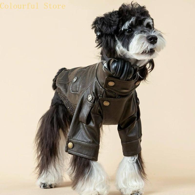 Small Dog Leather Jackets Motorcycles Styles Cyclists Coat with Metal Button Shoulder Belt Warm Fall Winter Pet Costume