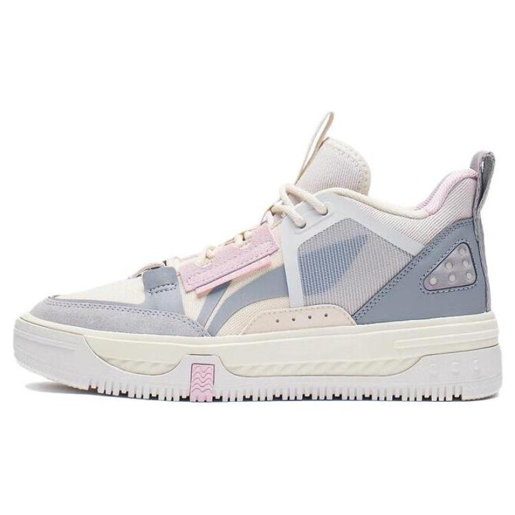 New LiNing Anti Slip And Wear Resistant Height Increasing Mid Top Skateboard Shoes Women's Gray Pink White AGCS240-3