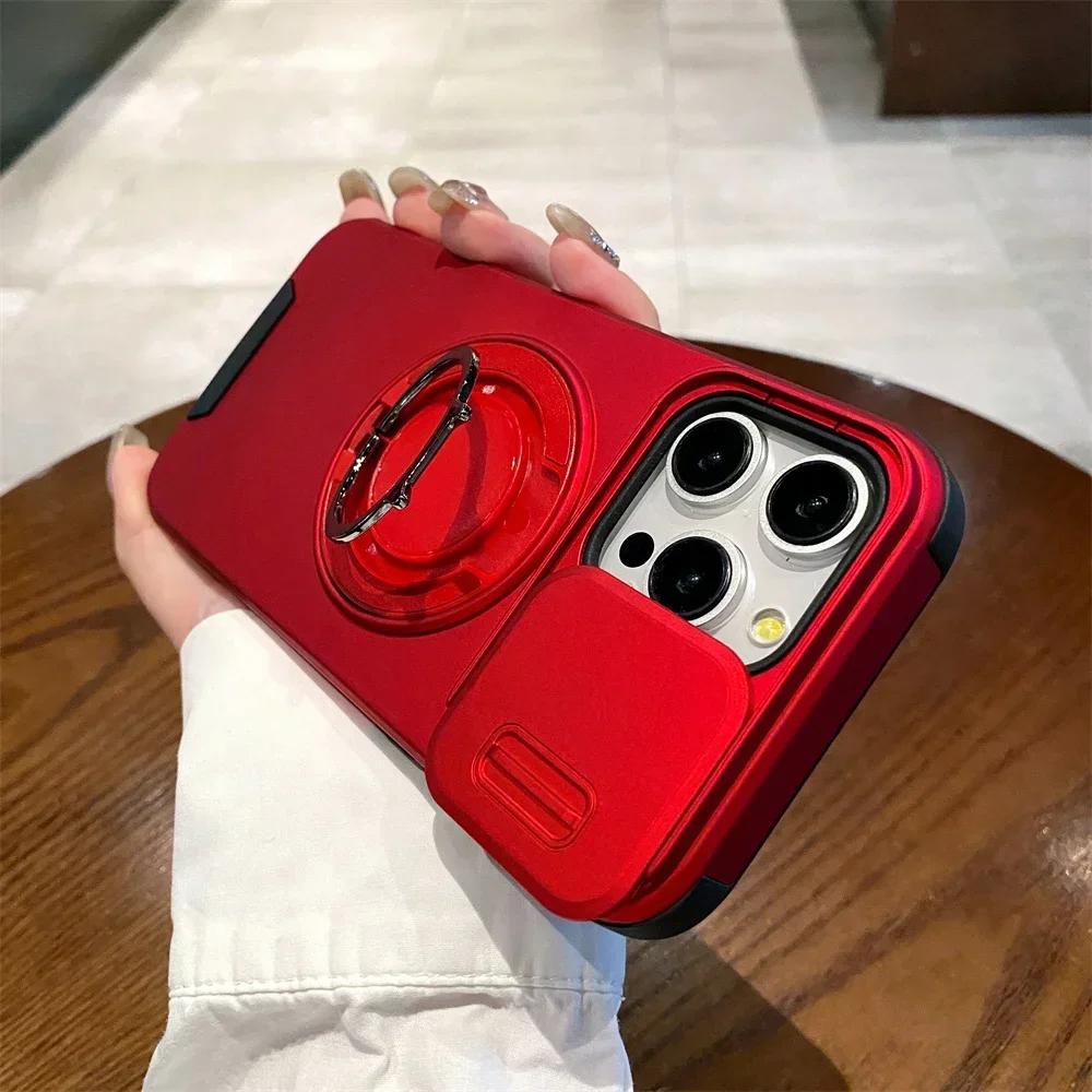 Slide Camera Lens Protection Case For iPhone 16 Pro Max 15 14 Plus 13 12 11 Ring Magnetic Bracket Holder Shockproof Armour Cover