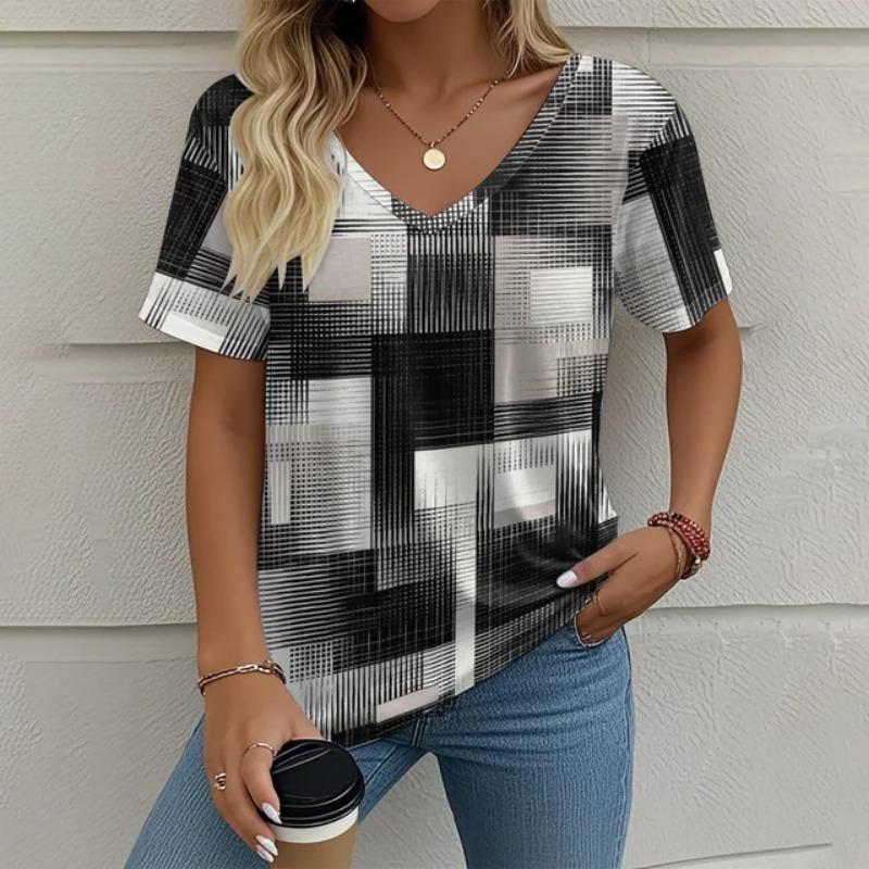 Women's V-neck Short Sleeved 3D T-shirt Checkered Print Summer Clothing Striped Women's T-shirt Street Top