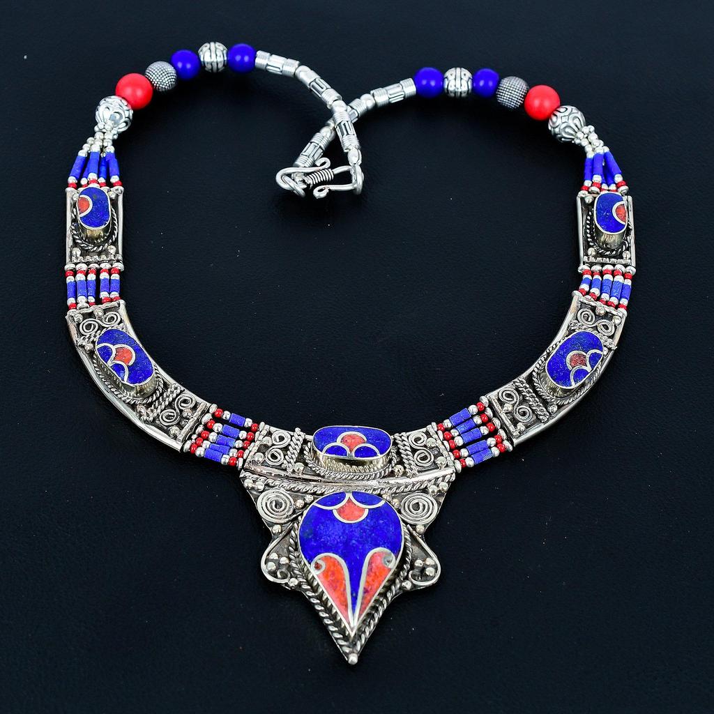 Lapis Lazuli, Coral 925 Sterling Silver Necklace Tibetan Silver Necklace Bohemian Antique Necklace Handmade Jewelry Nepali Necklace Gift For Wife