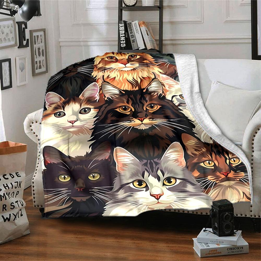 1pc Cat Collection Print Blanket   Lightweight Flannel Throw Blanket For Sofa, Bed, Living Room, Office, Outdoor Travel, Camping