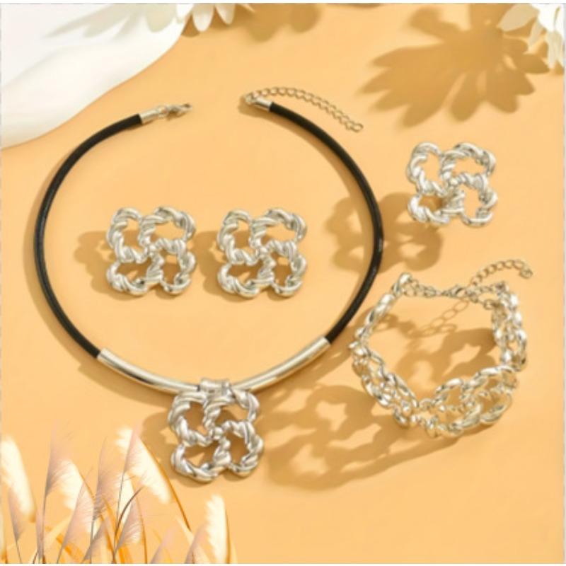 Пятипредметный набор: черная веревочная геометрическая полая витая женская цепочка, браслет, серьги-гвоздики, кольцо