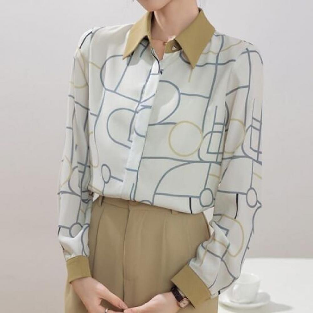 Navava Unisex Vintage Printing Pattern Long Sleeve Collar Shirt Nb2422