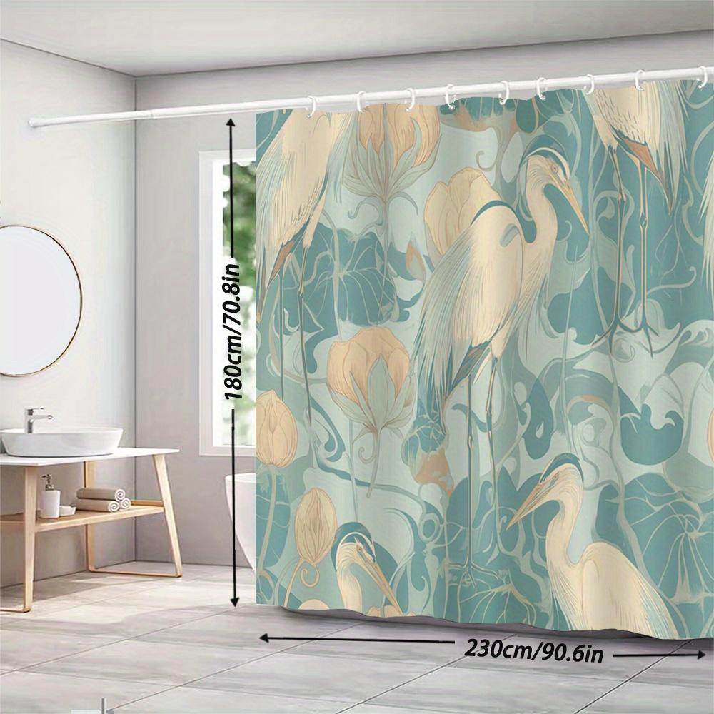 Tenda da Doccia Airone & Loto – Stampa Art Nouveau con Sfondo Azzurro Tenue, 3 Uccelli Stilizzati & Motivi Floreali, 12 Ganci