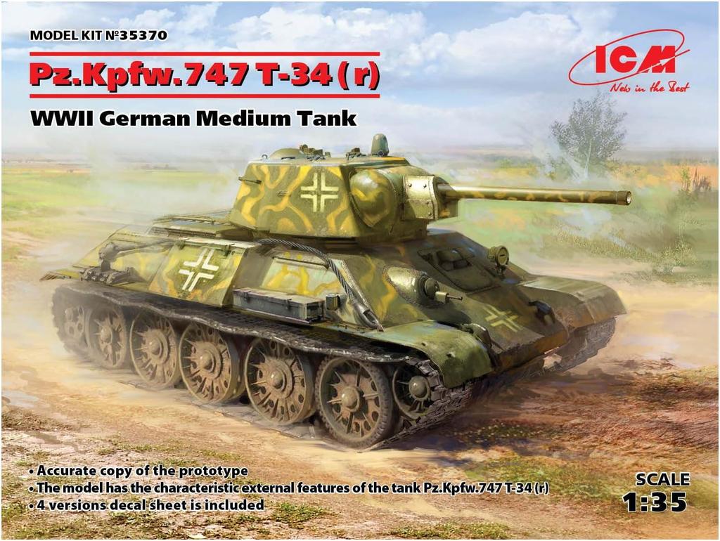 ICM 1/35 Scale World War II German Army Captured Pz.KpfW.747 T-34 (r) Medium Tank Plastic Model Kit 35370