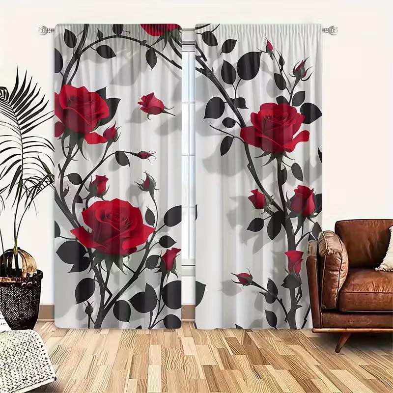 2pcs Elegant Red Rose & Black Leaf Pattern Curtains, Designed for Light Blocking, Premium Material, Suitable for Living Room, Be