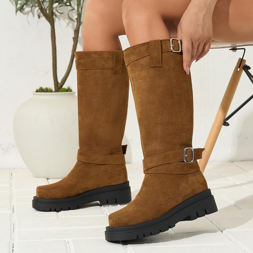 Herbst- und Winter-Freizeitstiefel mit mittlerem Absatz, flachem Boden, großer Größe, vielseitigem Wildleder für große Frauen