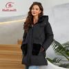HaiLuoZi 2023 New Women Winter Jacket Short Warm Female Outwear Hooded Side Pockets With Fur Solid Color Women's Coat 1155