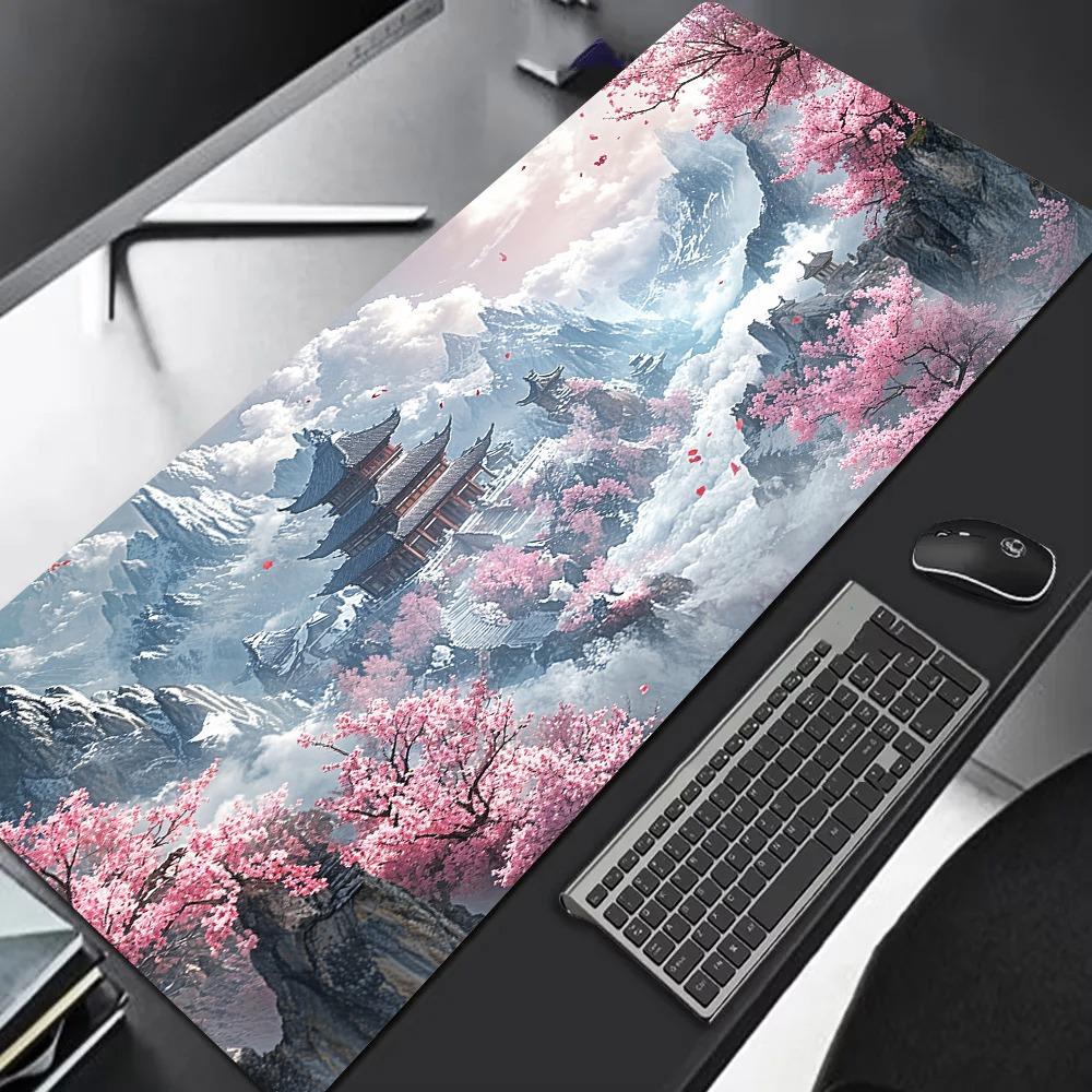 Sakura Mountain Pagoda Printed Desk Pad Extra Large Soft Rubber Mouse Pad Serene Aesthetic Gaming Keyboard Mat Multi-Size