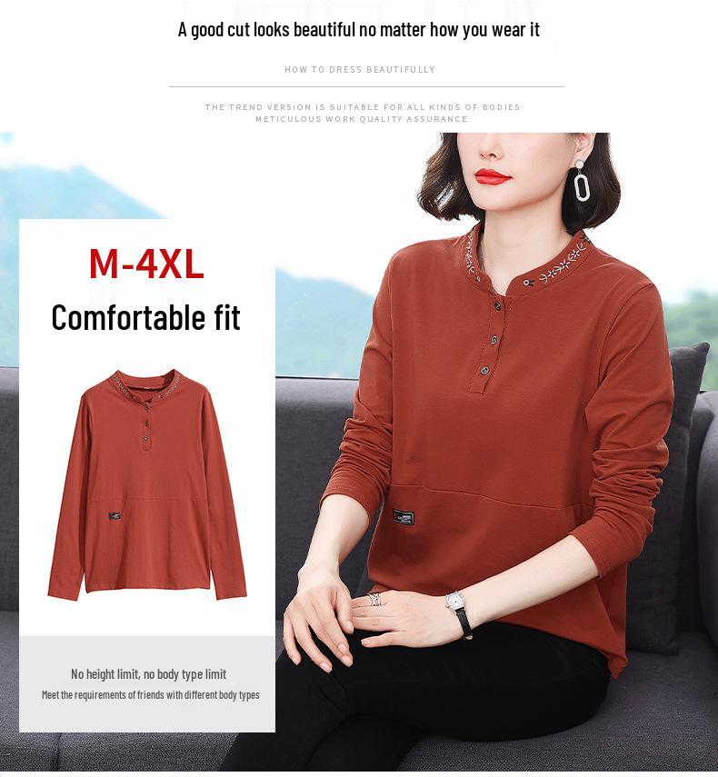 Embroidered Round Neck Loose-Fit Pullover Blouse for Autumn/Winter