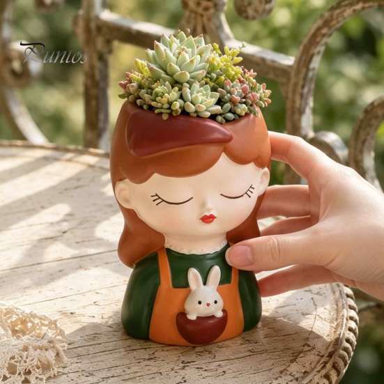 Decorative Resin Desktop Accessory Cute Head Planter, Succulent Little Girl Flower Pot, Human Plant Pot for Office Face Cactus Plants Container,