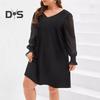 Plus Size Dress V-Neck Hollow Lace Stitching Flared Long Sleeve High Waist Mini Dress Solid Color Casual Mini Dress