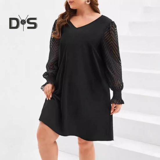Plus Size Dress V-Neck Hollow Lace Stitching Flared Long Sleeve High Waist Mini Dress Solid Color Casual Mini Dress