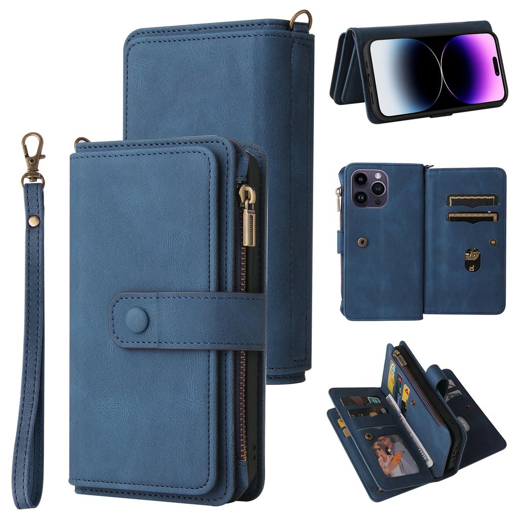 For iPhone 15 Pro Max Zipper Wallet Case with 15 Card Slots and Strap Leather Phone Cover