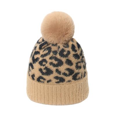 2025 automne et hiver nouveau chapeau en laine version coréenne polyvalent chaud vison pull chapeau pompon imprimé léopard chapeau tricoté femmes