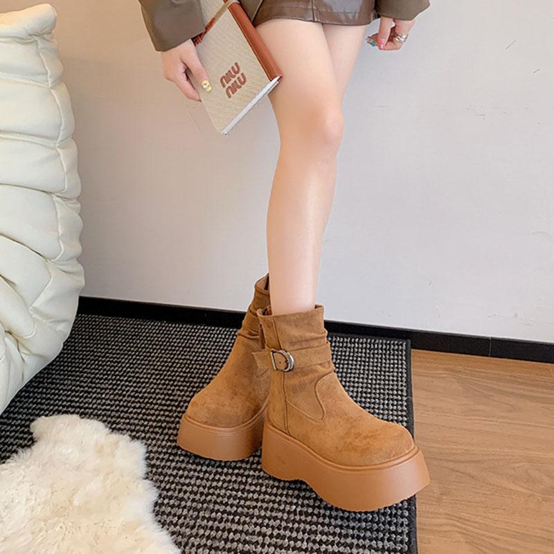 Fashion Retro Thick Bottom Heightening Boots Women's Shoes Autumn New Versatile Suede Solid High Heels Goth Chelsea Botas Ladies Shoes