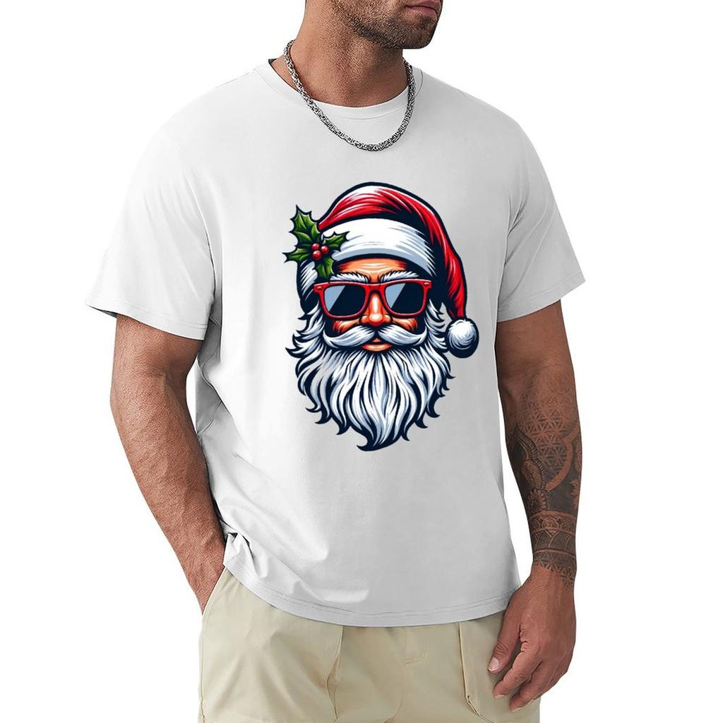 Cool Claus  Stylish Santa With Sunglasses Holiday Illustration Tshirt Stylish Graphic Short Sleeve Top
