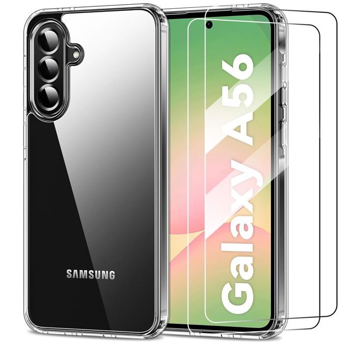 Protective Case - BOOLING - for Samsung Galaxy A56 5G - Transparent Silicone - 2 Tempered Glass - Shockproof