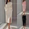 Fashion Royal Sister Style Solid Color Round Neck Waist Split Metal Button Long Sleeve Dress Women