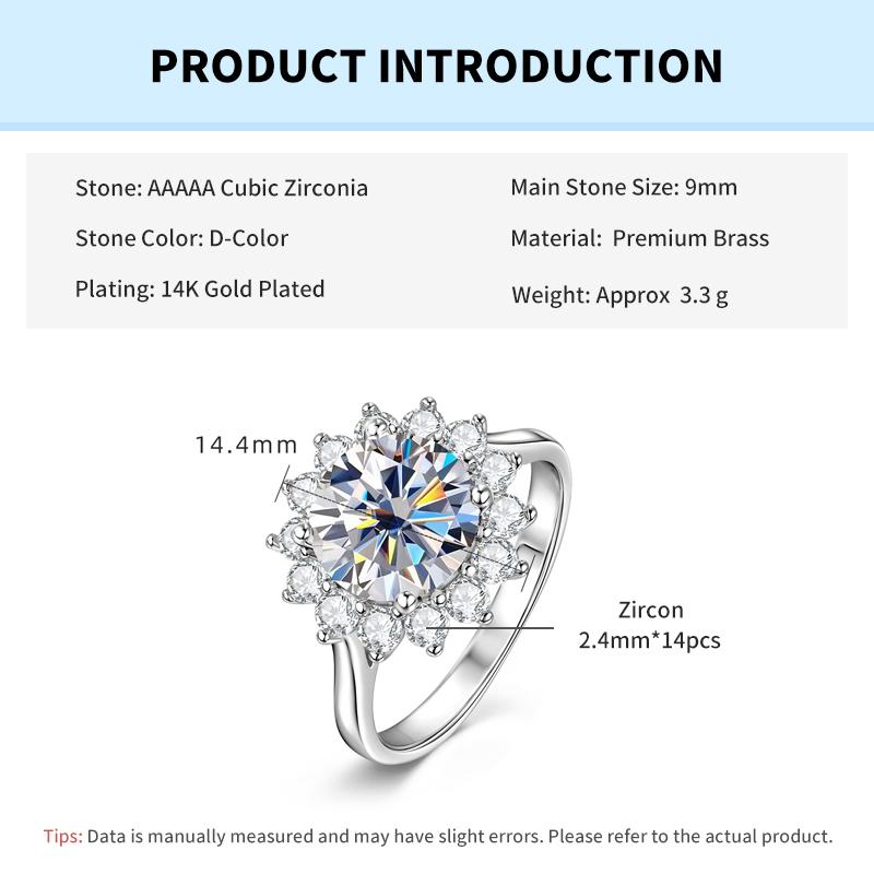 

Rrjzz 9MM CZ Lab Diamond Sunshine Flower Ring 5A Cubic Zirconia Sunflower Ring for Women Valentine s Day Birthday Jewelry Gifts 5