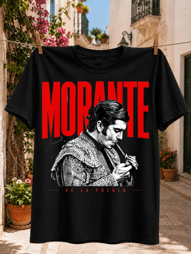 Morante de la Puebla with Bullfighter Portrait Cigar Lighting Scene and Bold Red Name Text Unisex Unisex All T-Shirt