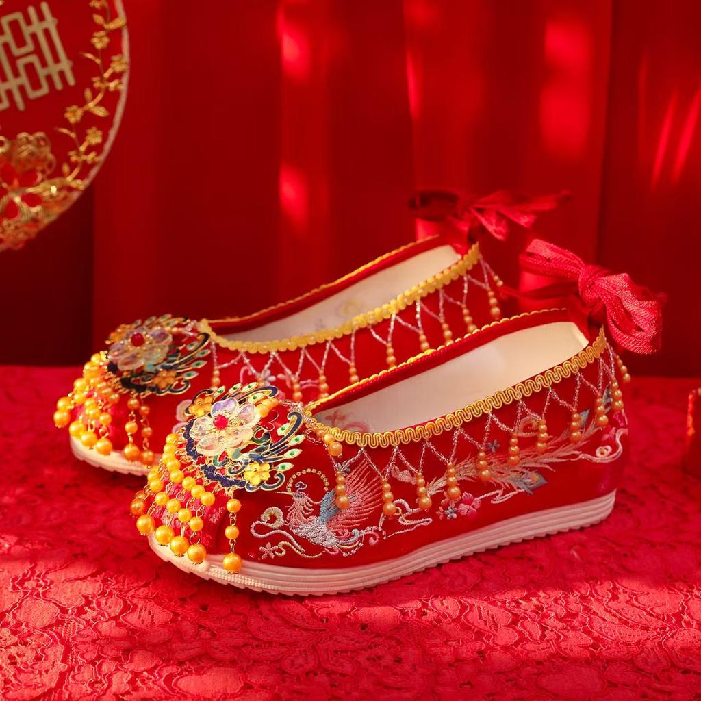 Women's Red Embroidered Wedding Shoes Increased Internal Wedges Shallow Ankle Strap String Bead Tassel Ethnic Style Hanfu Shoes