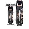 Black High-Waisted Straight Leg Distressed Denim Pants Women Punk Streetwear Wide Cropped Trousers