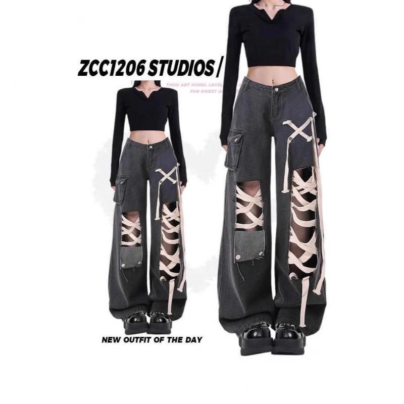Black High-Waisted Straight Leg Distressed Denim Pants Women Punk Streetwear Wide Cropped Trousers