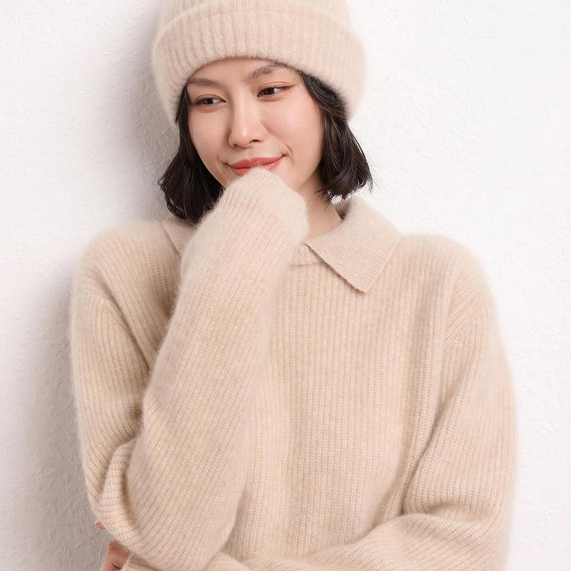 Women's Solid Color Lapel Cashmere Sweater - 2026 Autumn/Winter Collection, Gentle Style, Loose Fit, Slimming, Warm Knit Base Layer.