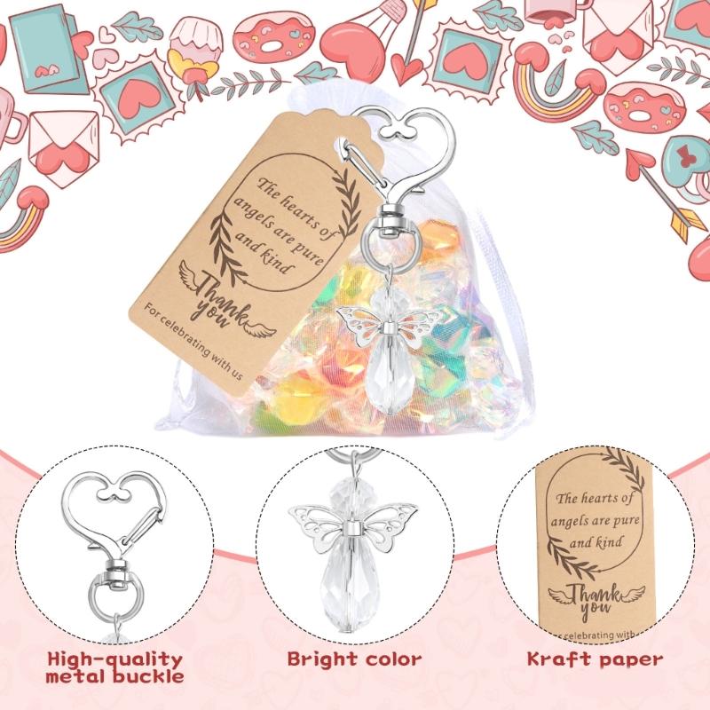 30Pcs Angel Wing Charm Keychain Decorative Key Holder with Drawstring Gauze Bag and Labels for Baby Showers Wedding