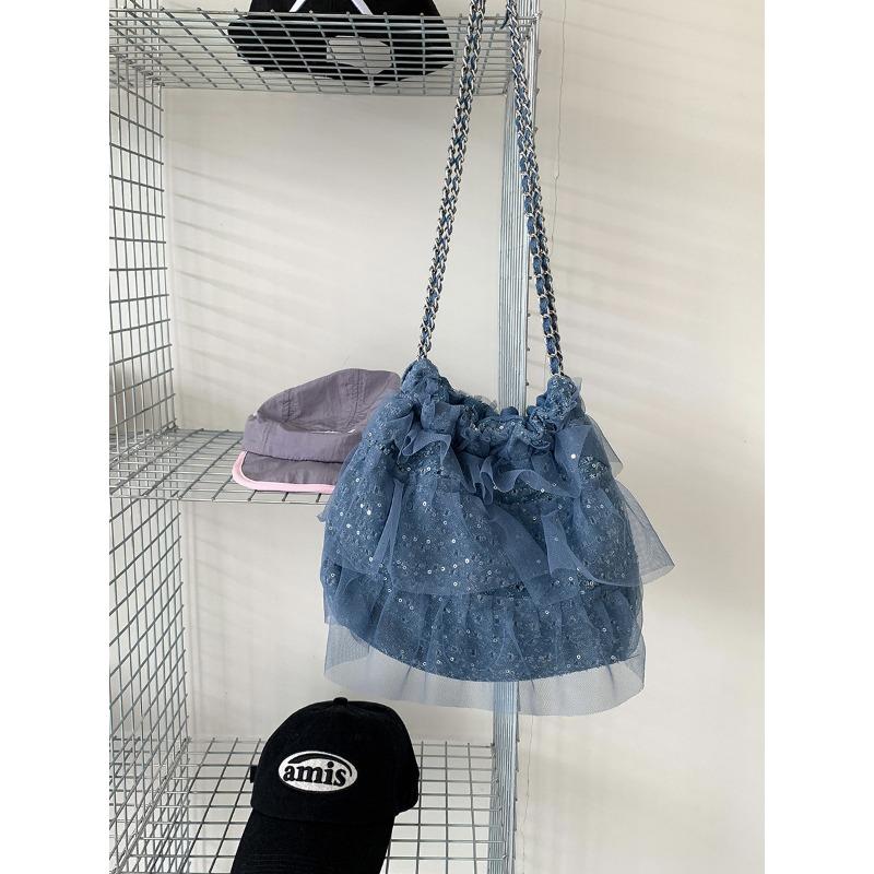 Folded Bucket Mesh Bag Summer Women's Sequined Shoulder Bag Sweet Niche Design Ruffle Edge Chain Bag
