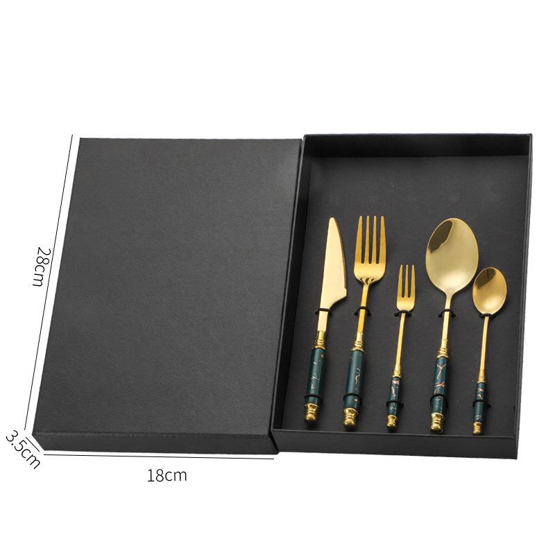 Edelstahl 4/5-teiliges Set Gestell Keramik Marmormuster Griff Griff Messer Gabel Löffel Geschenkbox Set Westliches Essen Nordischer Stil