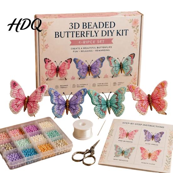 Handmade Animal Crafts 3D Beaded Butterfly Craft Kit Tiny DIY Art Set Kit with Instruction Cute 4-Pack Butterflies Beadwork for Beginners