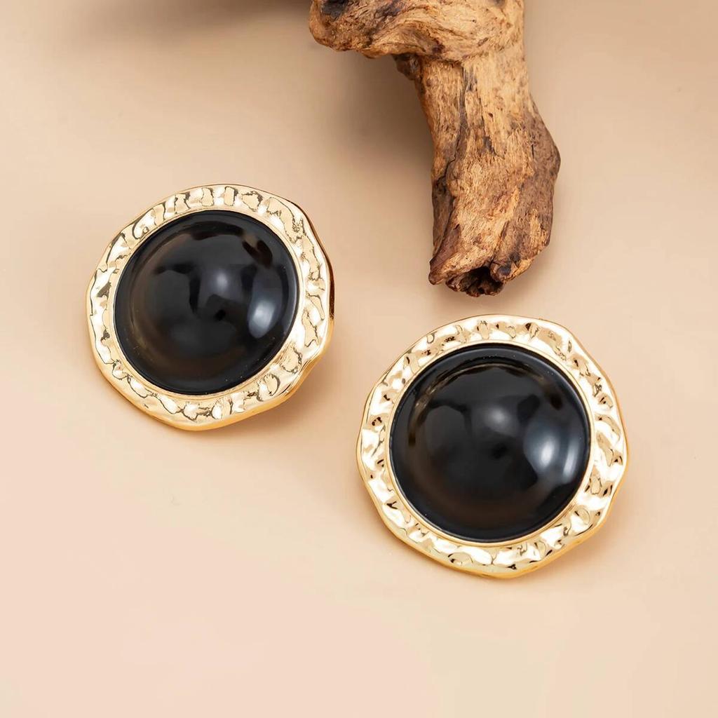 Ingemark Vintage Black Acrylic Resin Alloy Stud Earrings for Women New Trendy Geometric Round Piercing Earrings Bohemian Jewelry