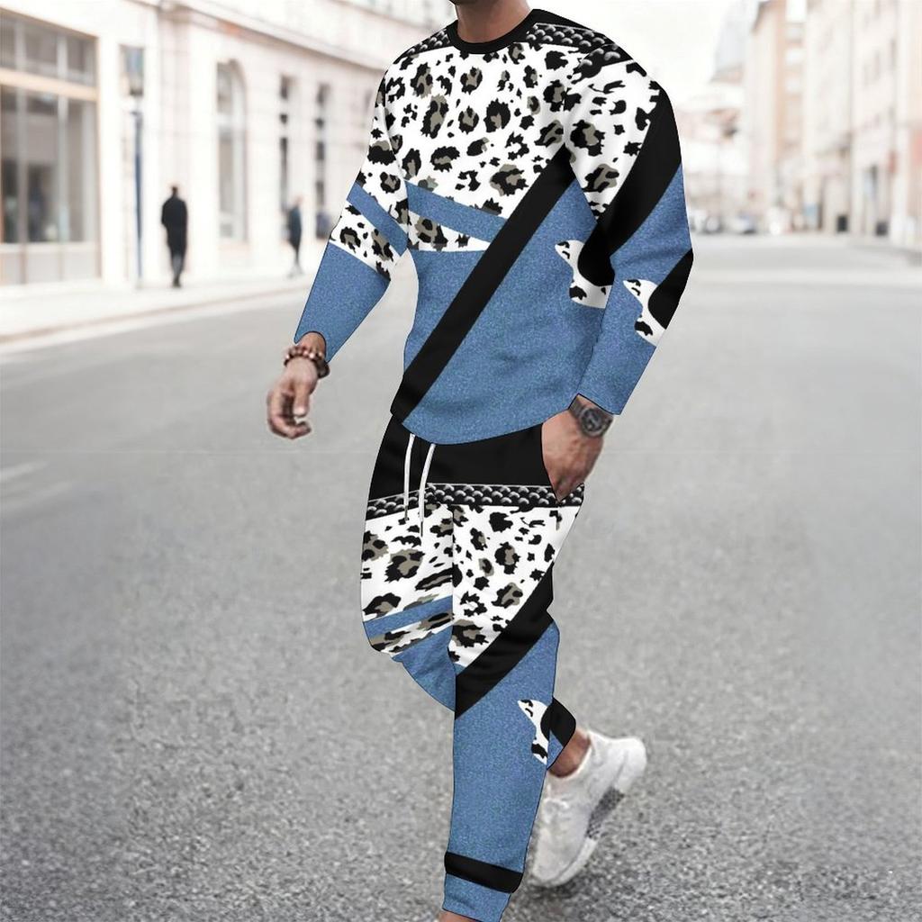 Men Retro Mosaic Hexagon Marble Texture Print Long Sleeve Sweatshirt Jogger Pants Two Piece Suit