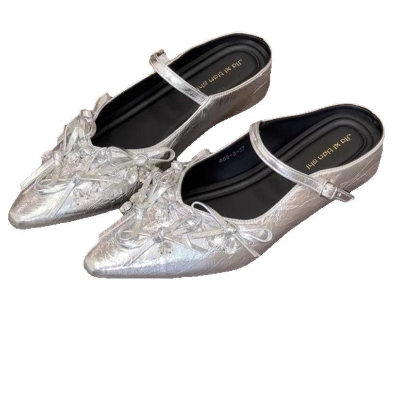 Silver word with bag head half slippers women's outer wear 2025 new inner height increase bow Mary Jane single shoes