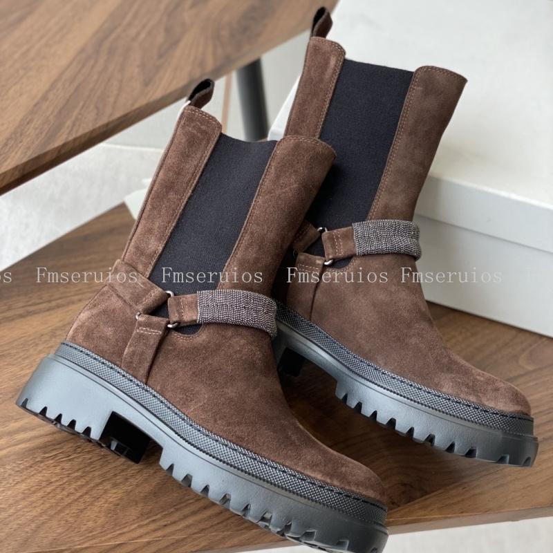 

Fashion Women Mid Calf Boots Round Toe Flat Sole Genuine Leather Thick Sole Simple Design Solid Color British Style Short Boots 35