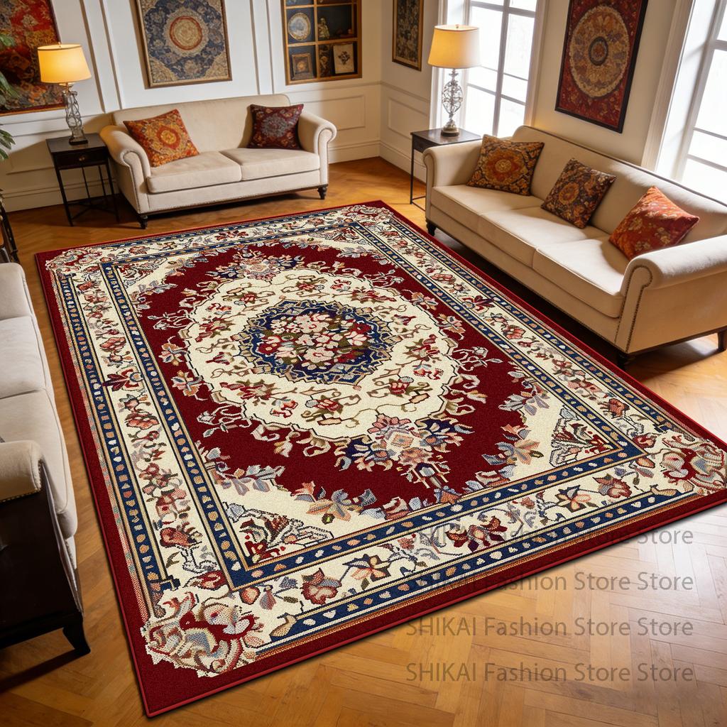 Red European Luxury Flower Pattern Courtyard Carpet Decoration Living Room Non-slip Soft Rug Easy Clean Lint-free Big Floor Mats