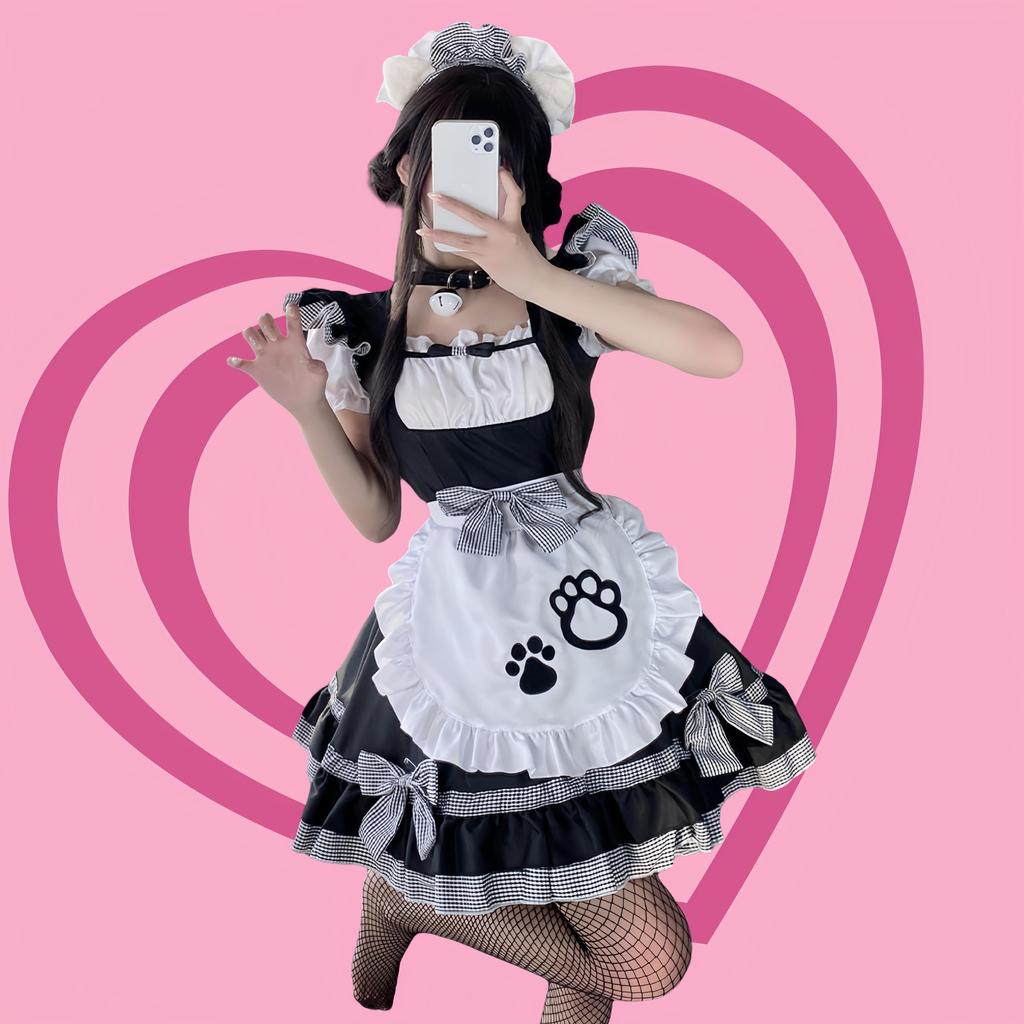 Ligwon Dienstmädchenkostüm mit Reifrock und Übergrößen, Dienstmädchen-Café, Schulfoto, Weihnachten, Kniestrümpfe, S-5XL, Lolita, Katze, Sexy, Damen, Herren, Größen,