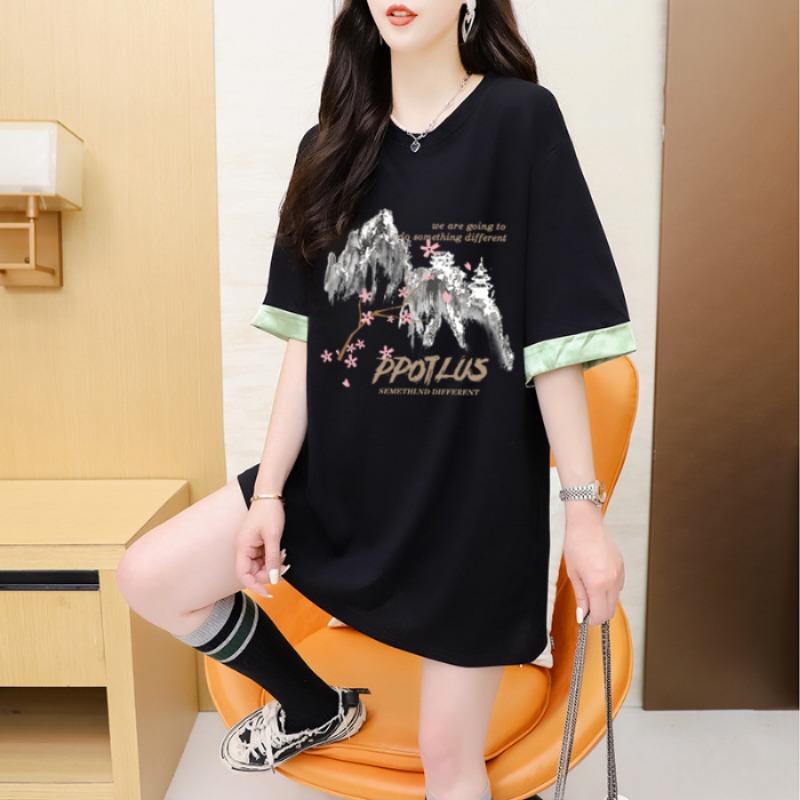 

Плюс размер Женский летний поддельный два коротких рукава Чистый хлопок свободный новый китайский дизайн Sense of Long Top 3XL чёрный