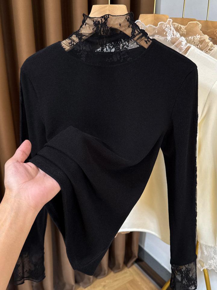 Women's Brushed Lace Base Layer Top: High Neck, Long Sleeve, Ruffled Collar, Slim Fit - Autumn/Winter Arrival